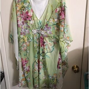 Floral Green Kaftan Dress with Embellished Detail
